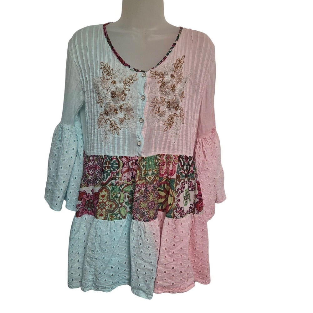 Johnny Was Boho Patchwork Embroidered‎ Tunic Top Eyelet Bell Sleeve Size L